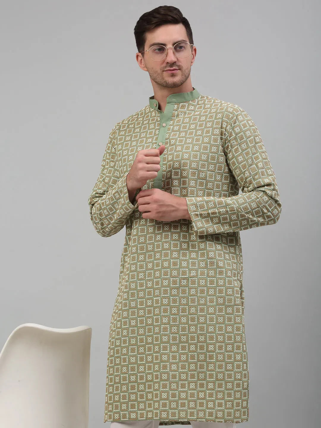 Green Embroidered Mens Kurta Pajama Set | Cotton Kurta Pajama