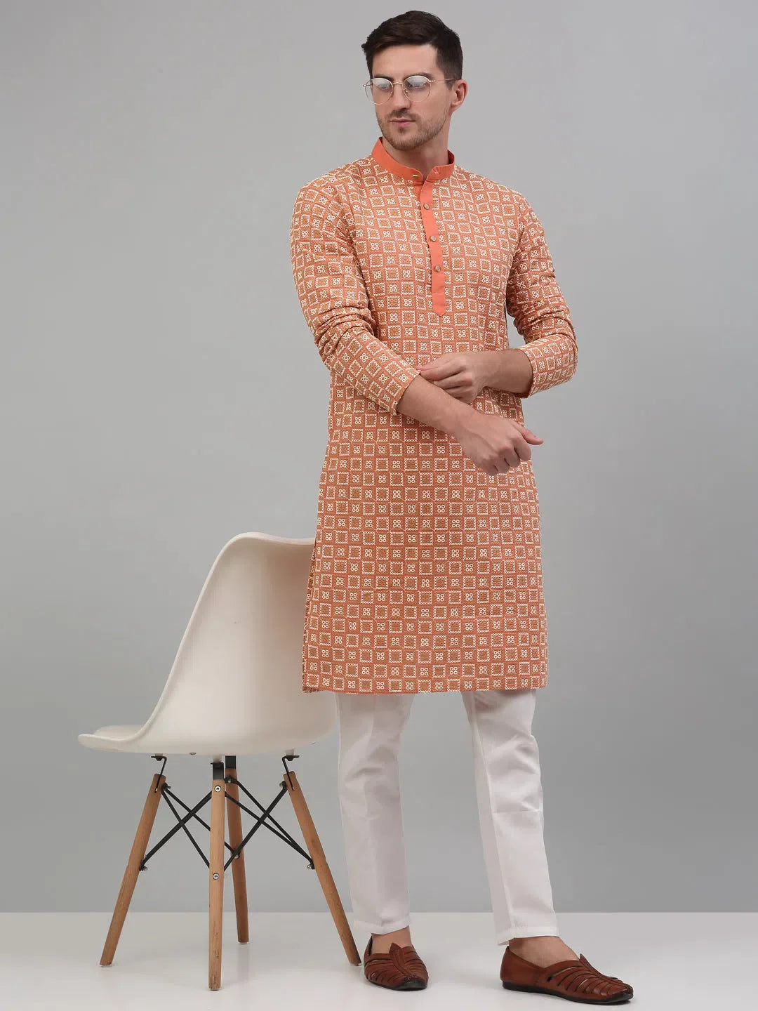 Peach Embroidered Mens Kurta Pajama Set | Cotton Kurta Pajama
