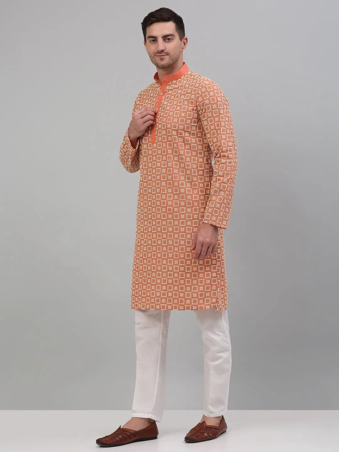 Peach Embroidered Mens Kurta Pajama Set | Cotton Kurta Pajama