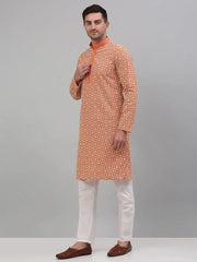 Men's Peach Embroidered Kurta with Pyjama.-JOKP-P-699Peach