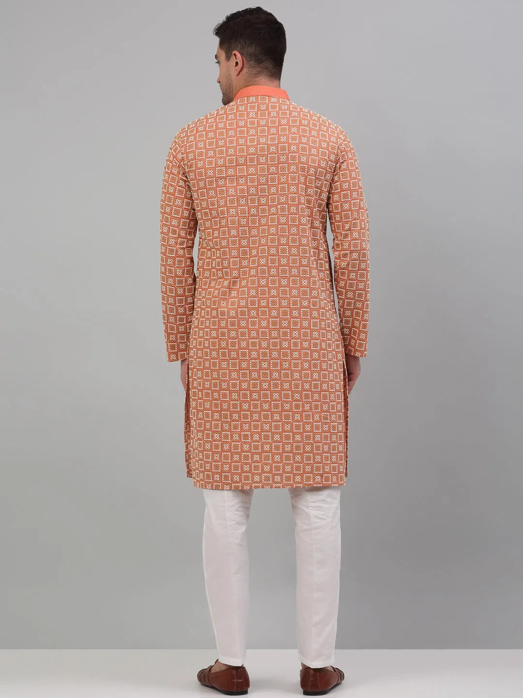 Peach Embroidered Mens Kurta Pajama Set | Cotton Kurta Pajama