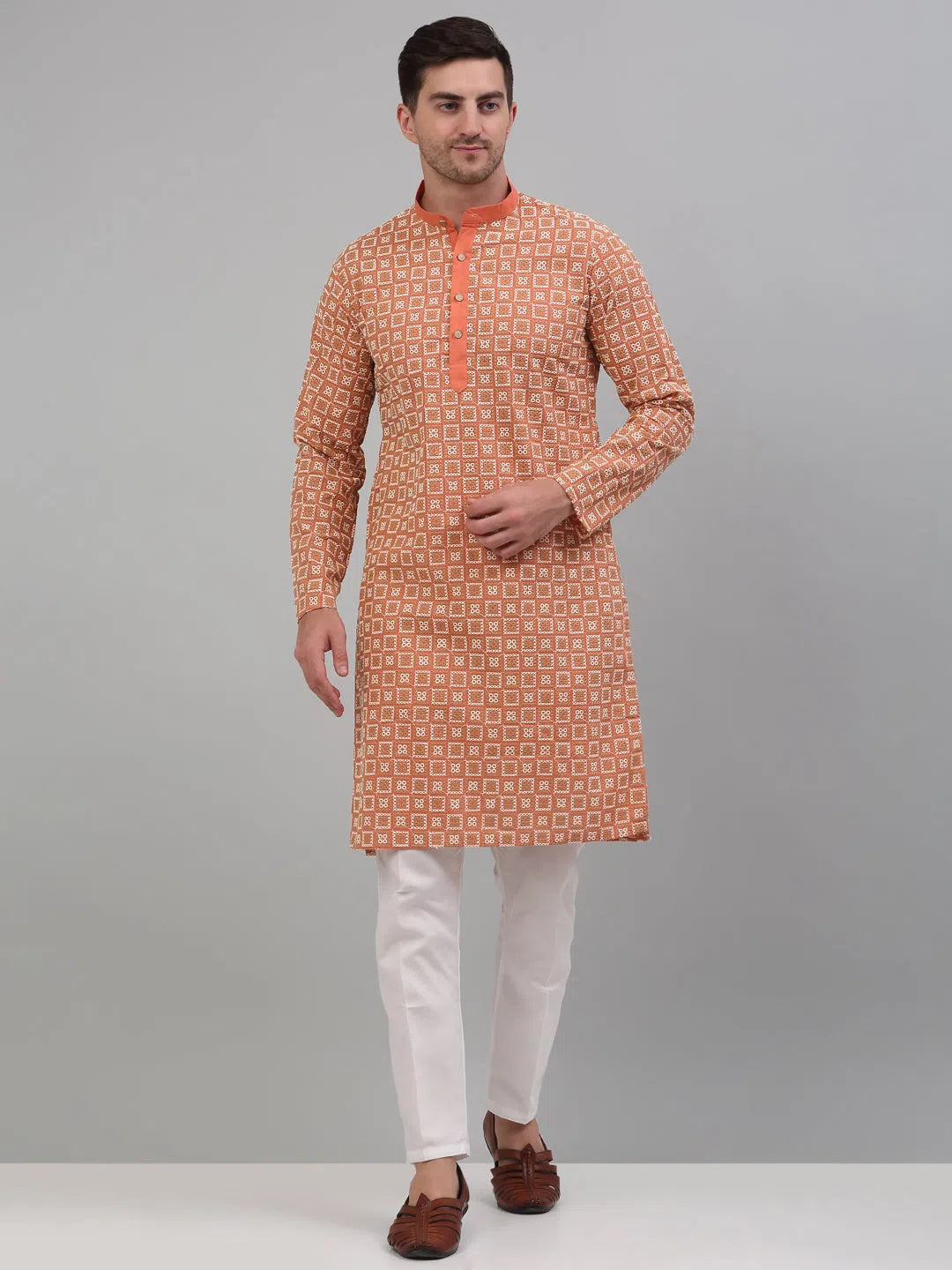 Peach Embroidered Mens Kurta Pajama Set | Cotton Kurta Pajama