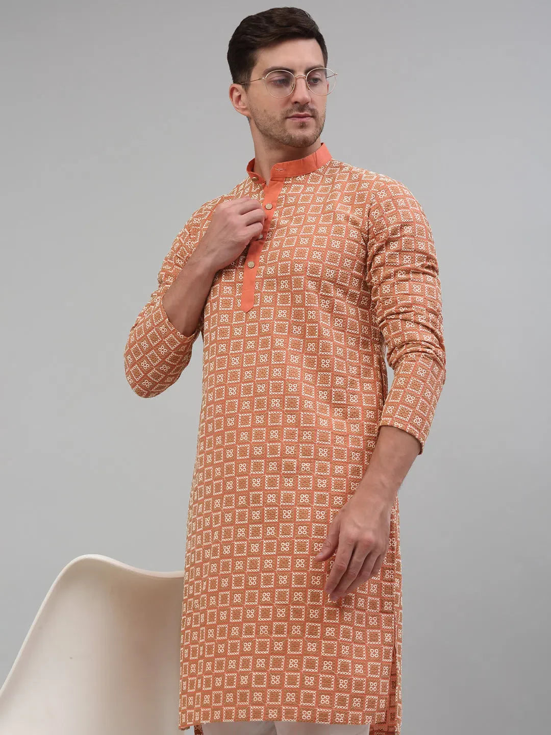 Peach Embroidered Mens Kurta Pajama Set | Cotton Kurta Pajama