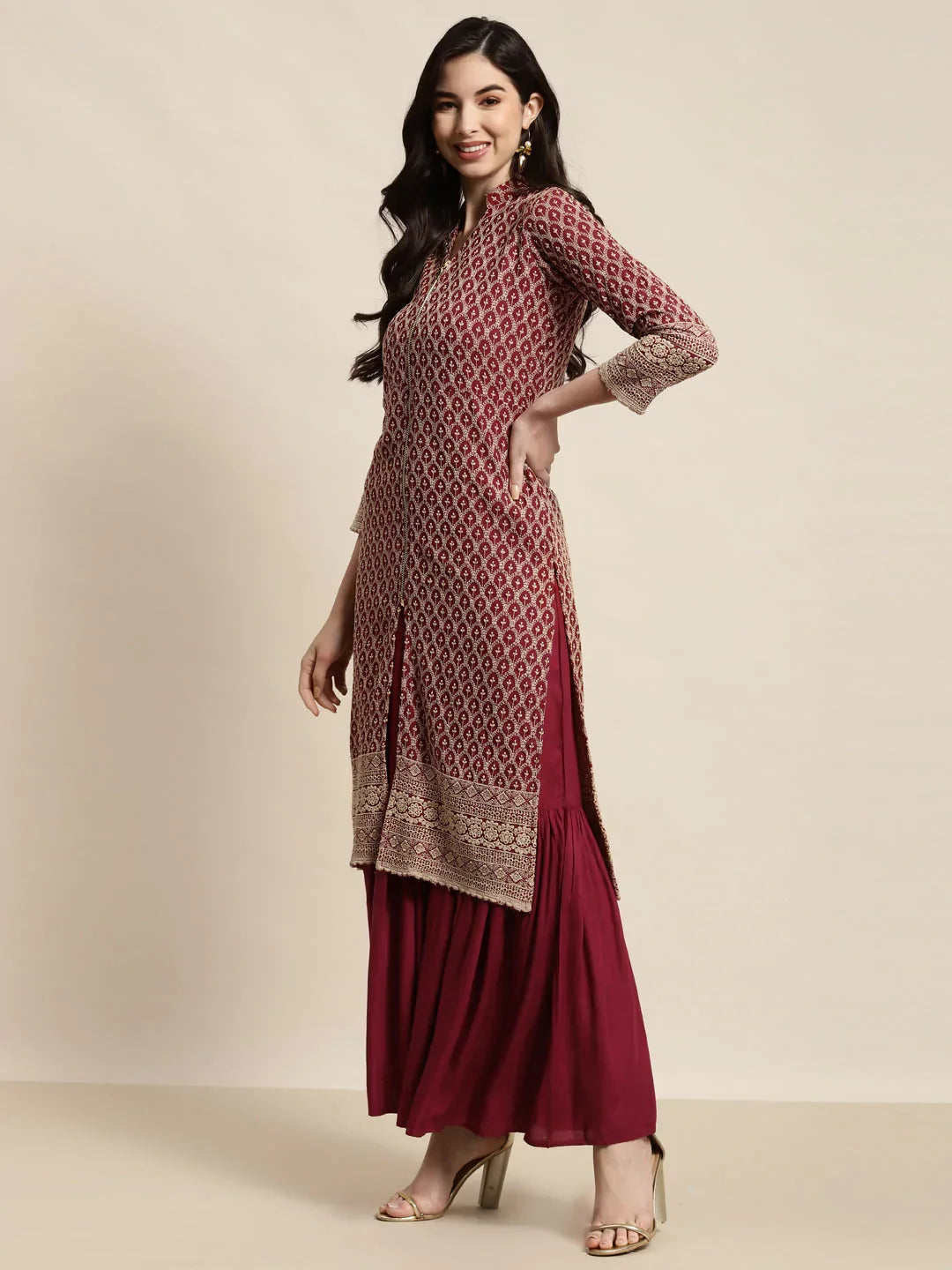 DesiQlo Women Kurta sets - Maroon - JOKPS_1448_Maroon_S