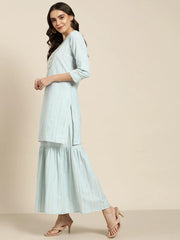 Women Turquoise Blue Woven Design Gotta Patti Kurta with Sharara & Dupatta