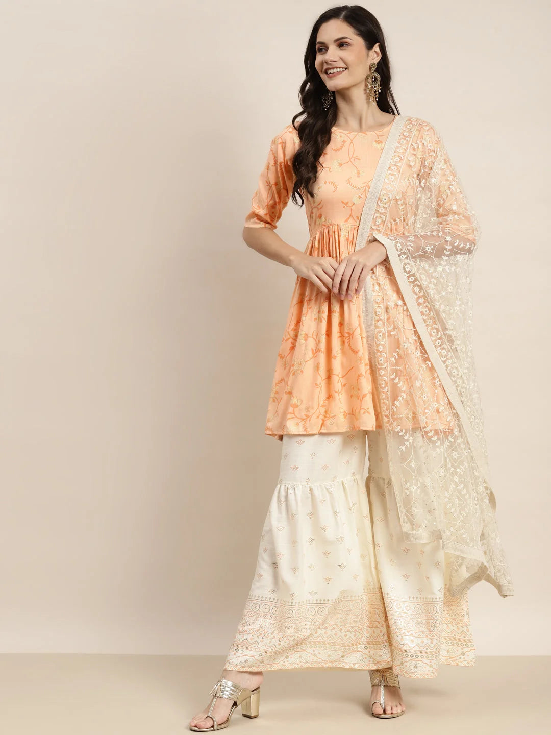 Orange Printed Kurta Sharara Set - Designer Sharara Suits