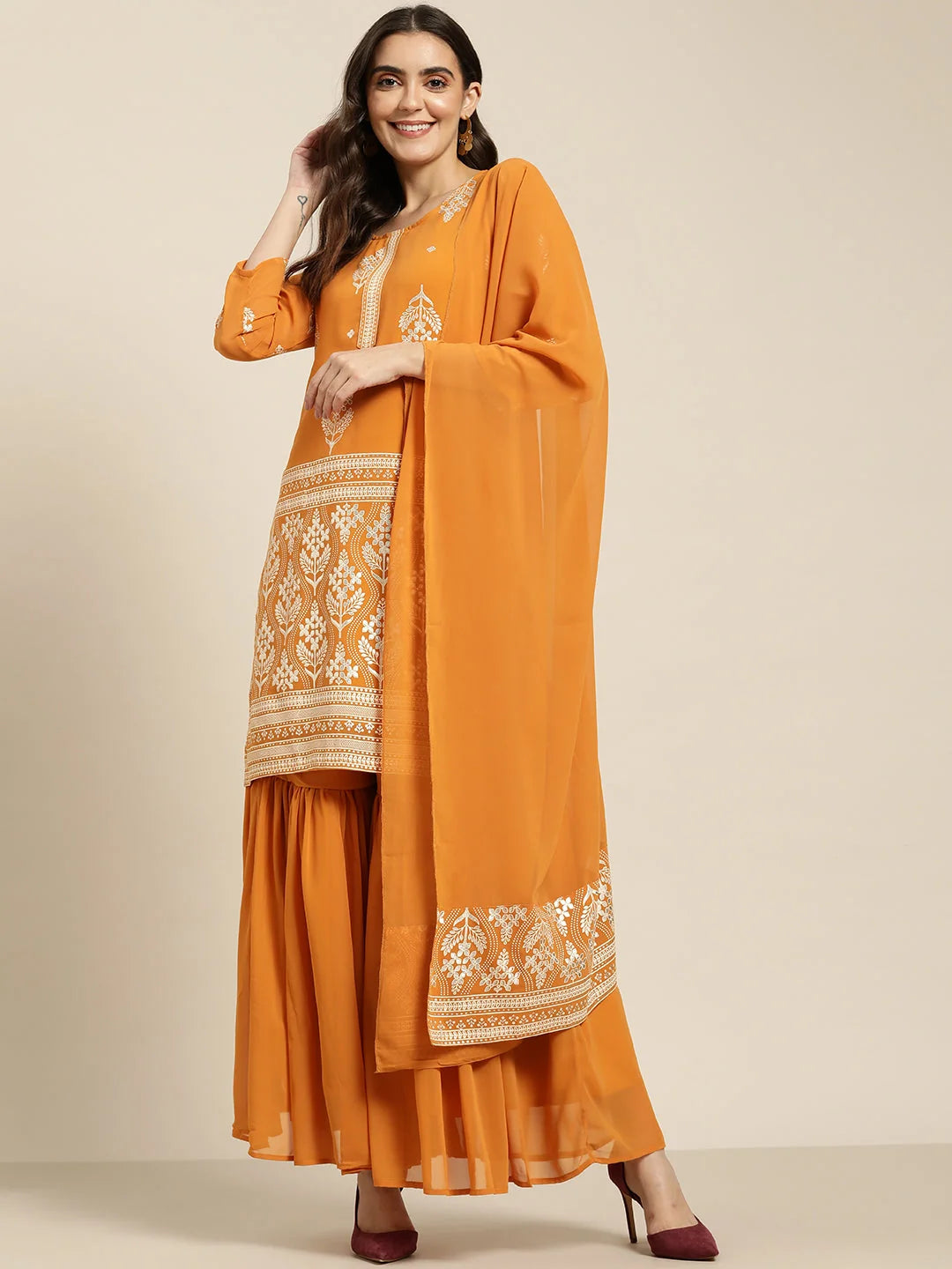 Orange Foil Print Kurta Sharara - Designer Sharara Suits Online