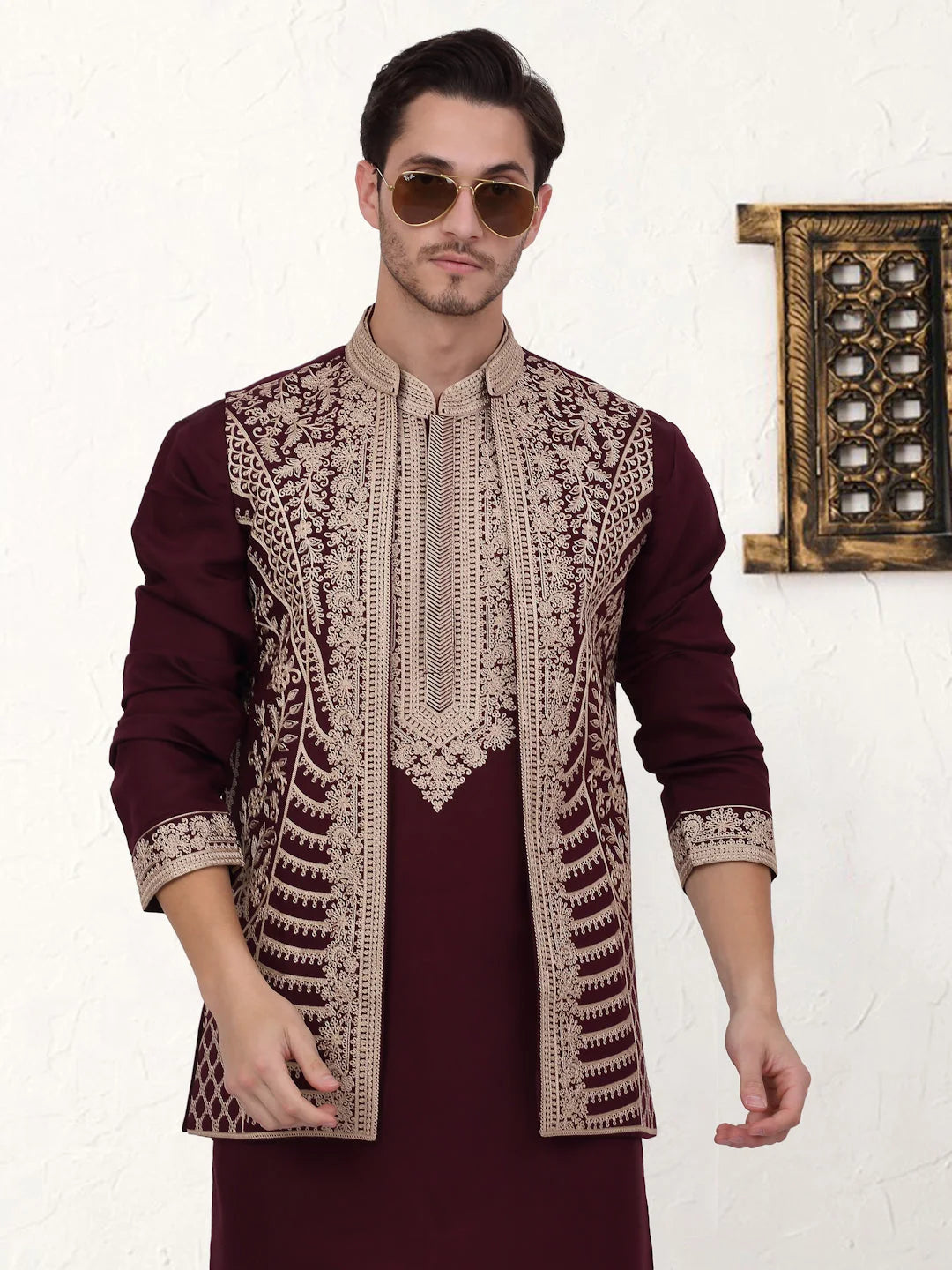 Men's Embroidered Waistcoat and Kurta Pyjama-JOKPWCS-5054Maroon