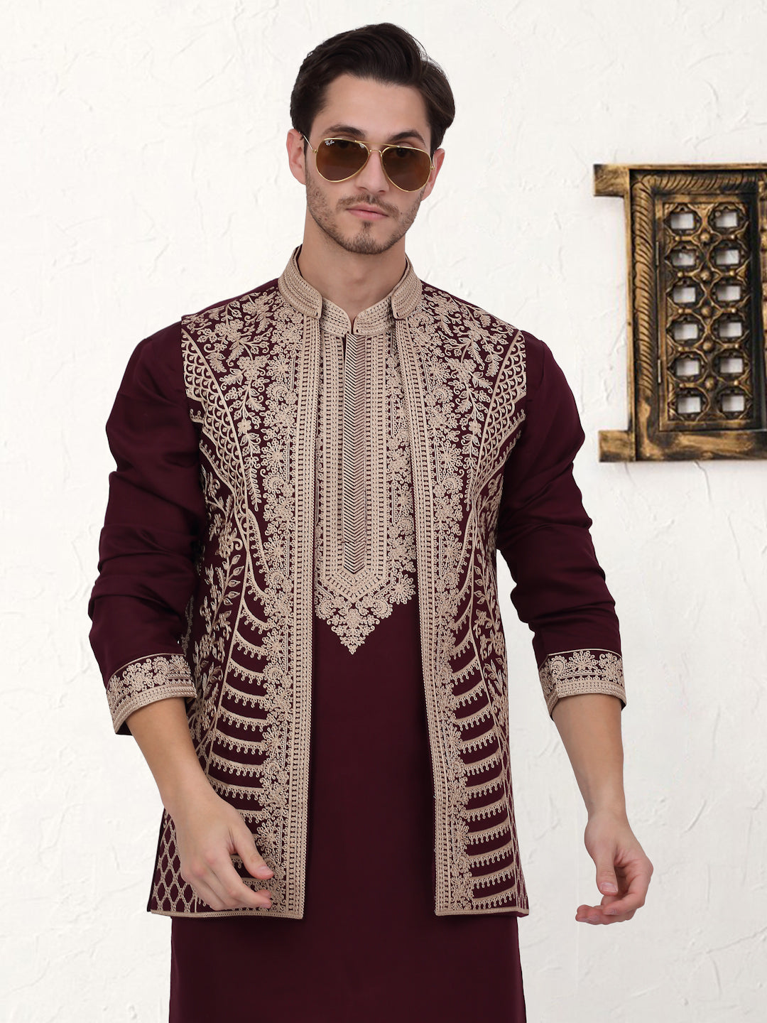 Maroon Embroidered Mens Kurta Pajama Set | Silk Blend