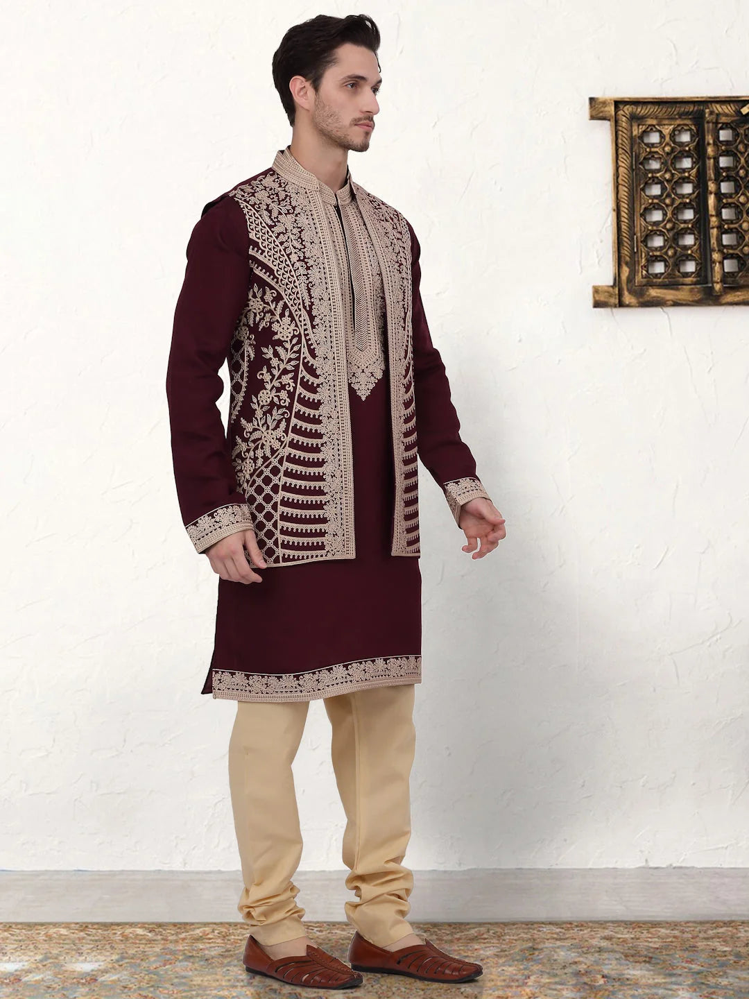 Maroon Embroidered Mens Kurta Pajama Set | Silk Blend