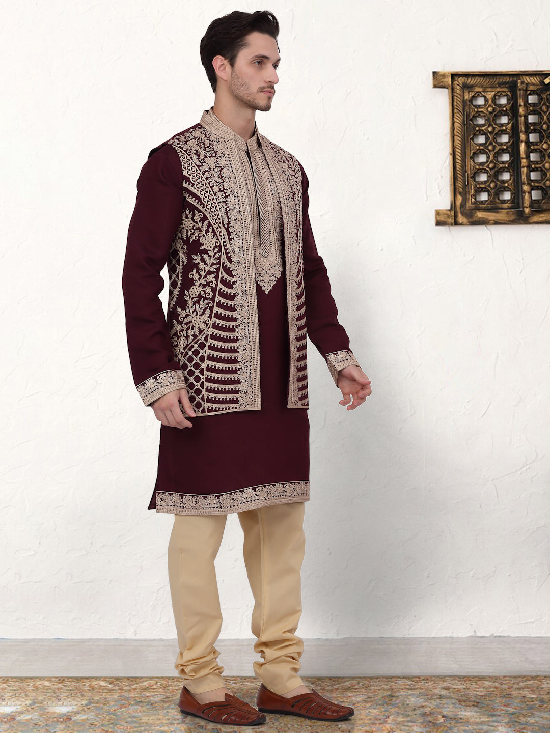 Maroon Embroidered Mens Kurta Pajama Set | Silk Blend
