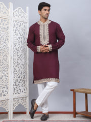Men's Embroidered Waistcoat and Kurta Pyjama. ( JOKPWCS W 5054Maroon )