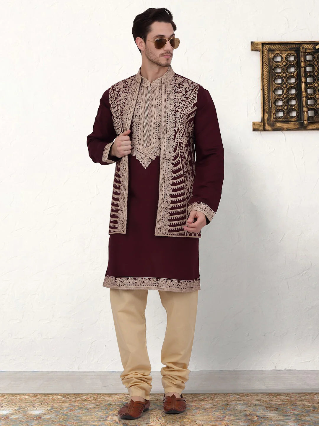 Maroon Embroidered Mens Kurta Pajama Set | Silk Blend