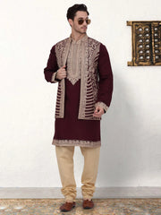 Men's Embroidered Waistcoat and Kurta Pyjama-JOKPWCS-5054Maroon