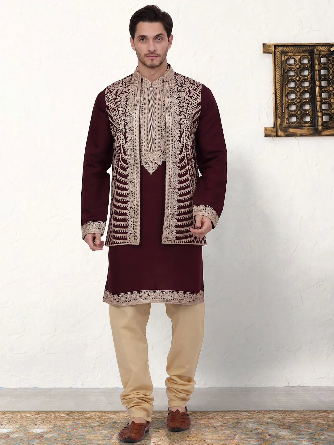 Maroon Embroidered Mens Kurta Pajama Set | Silk Blend