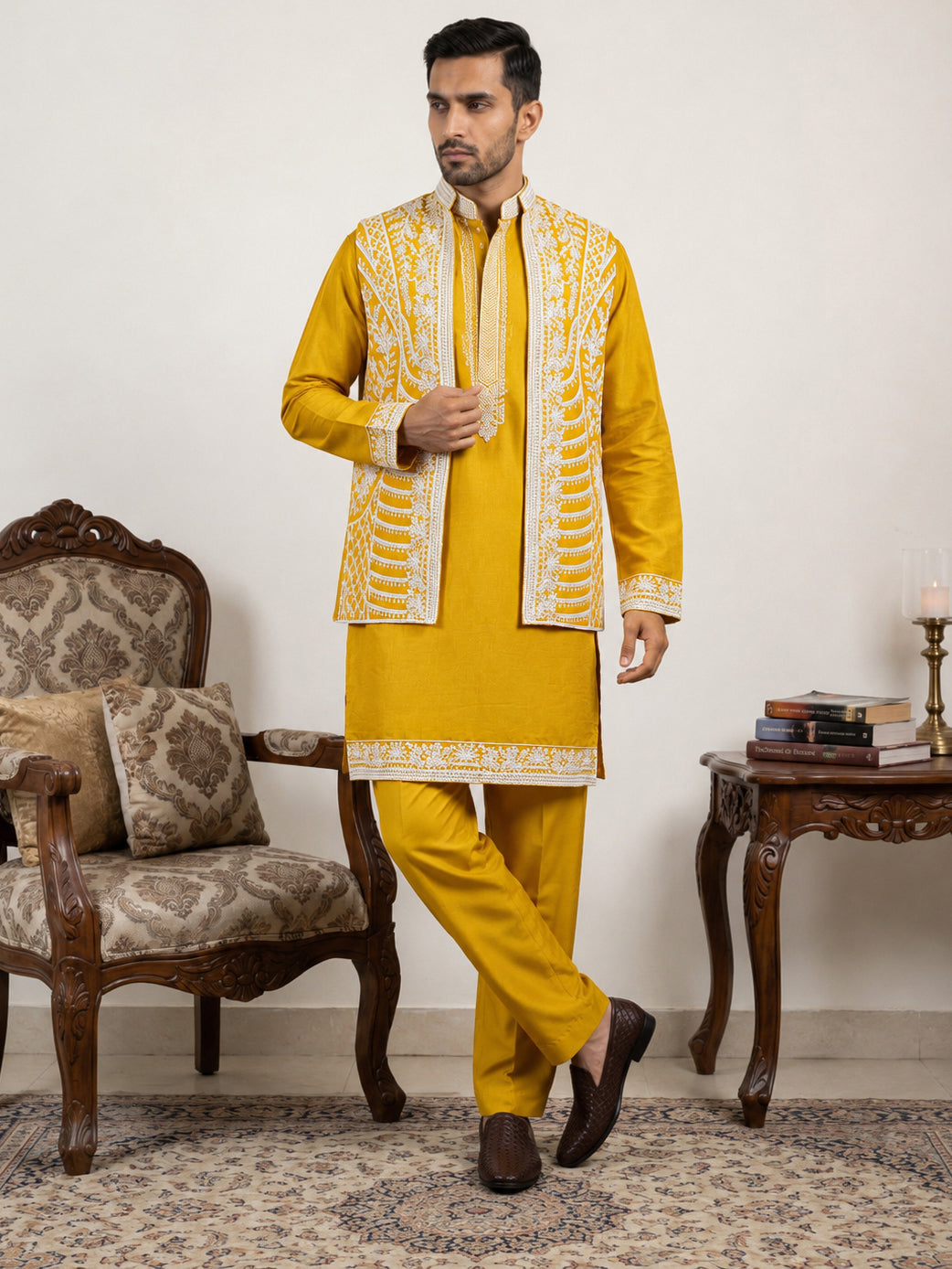 DesiQlo Men Embroidered Nehru Jacket and Kurta Pyjama S - JOKPWCS_MC_5