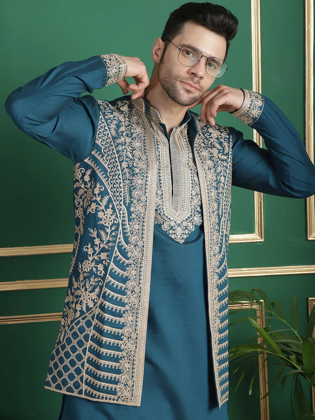 Men's Embroidered Waistcoat and Kurta Pyjama-JOKPWCS-50