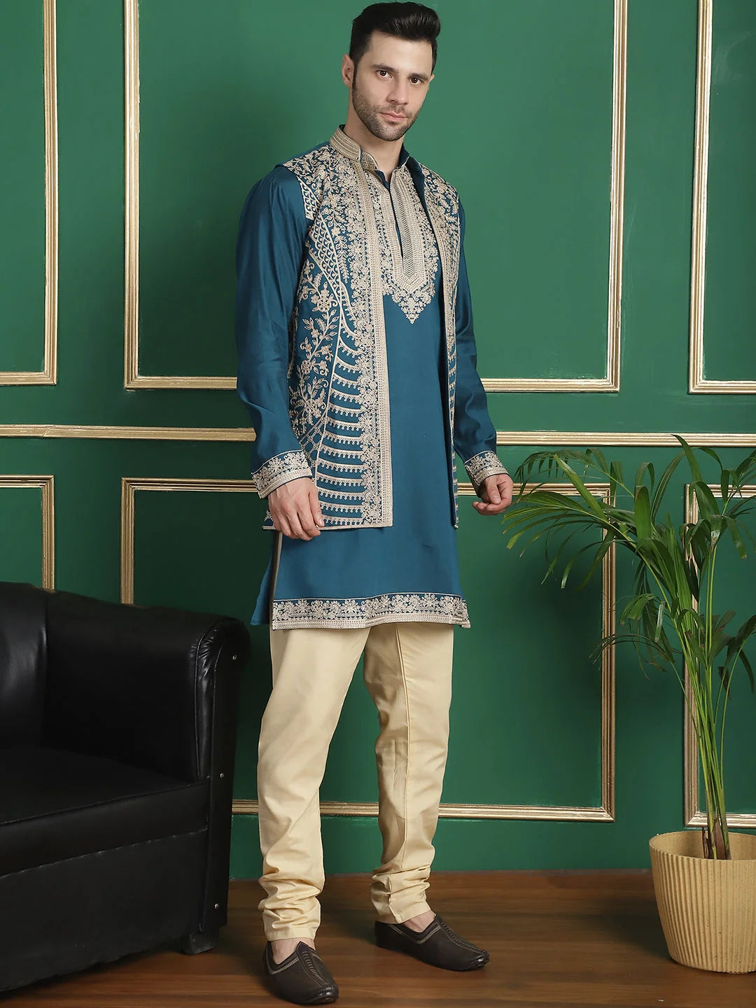 Mens Kurta Pajama Set-Embroidered Waistcoat-Peacock Cotton Blend