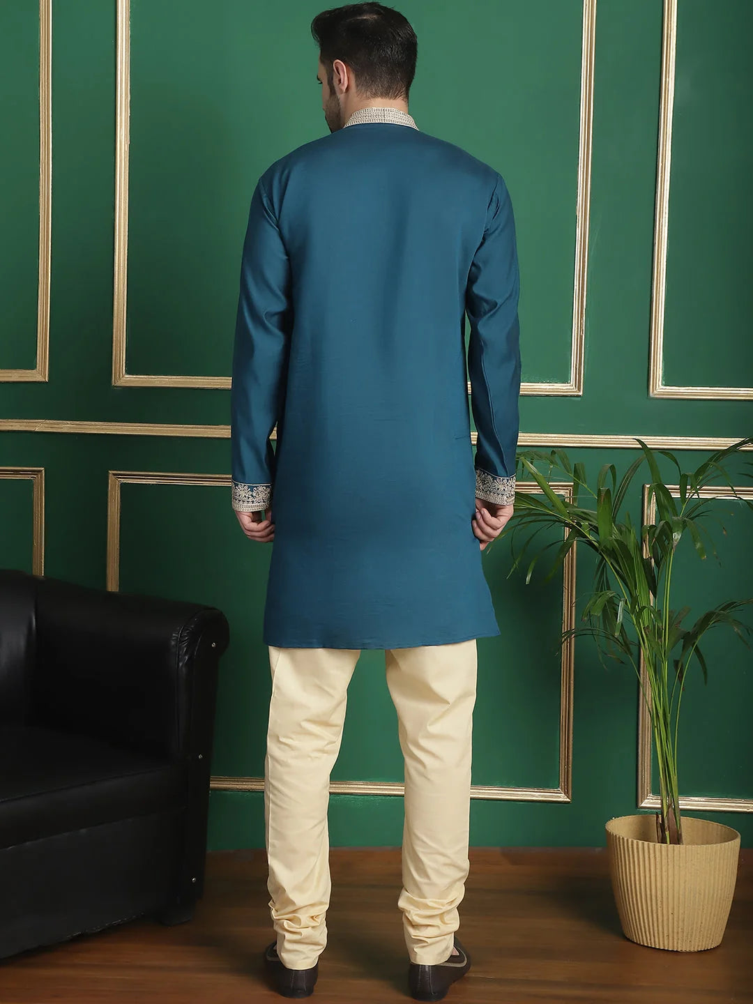 Mens Kurta Pajama Set-Embroidered Waistcoat-Peacock Cotton Blend
