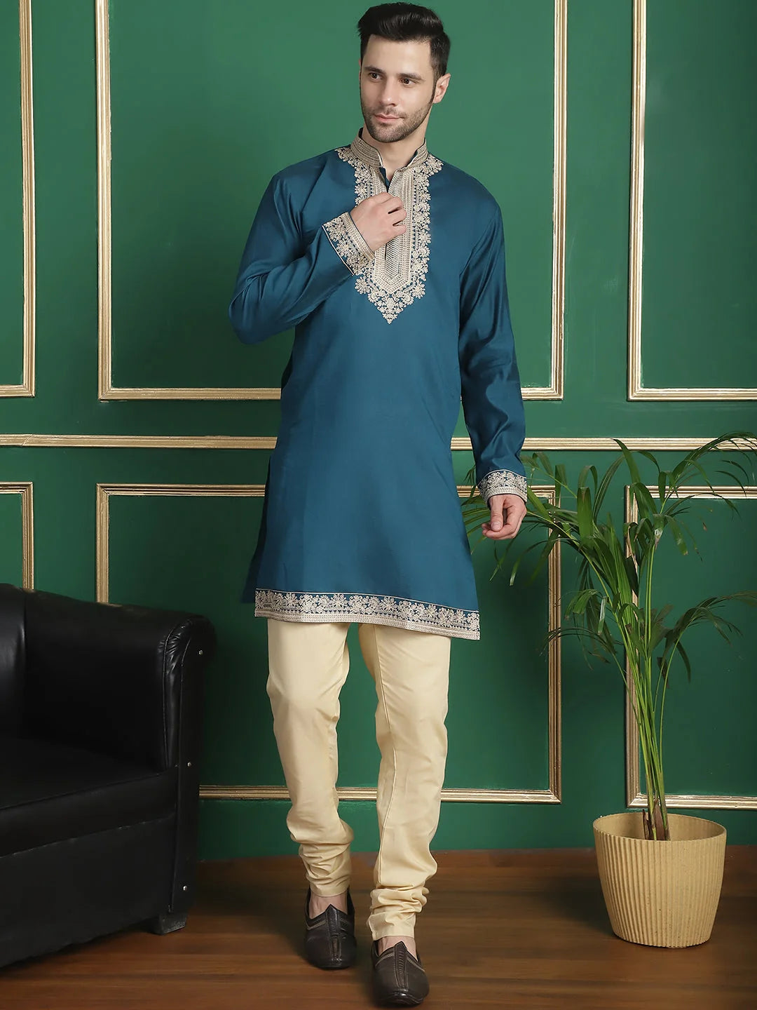 Mens Kurta Pajama Set-Embroidered Waistcoat-Peacock Cotton Blend