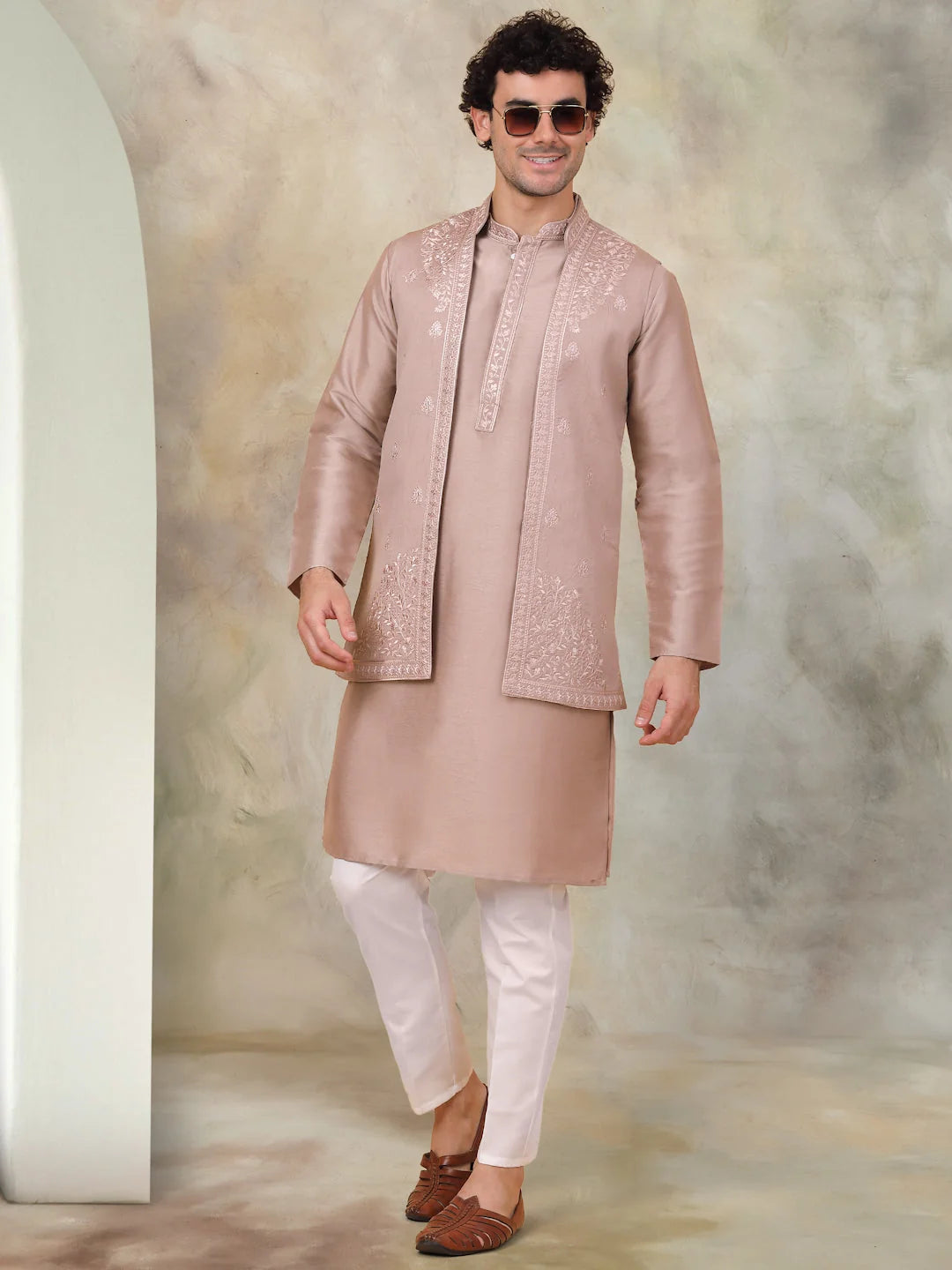 Men's Embroidered Waistcoat and Kurta Pyjama-JOKPWCS-5062Bronze
