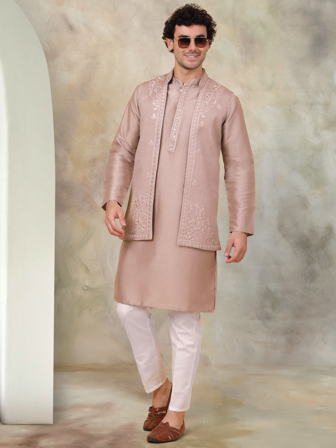 Bronze Embroidered Mens Kurta Pajama Set - Silk Blend