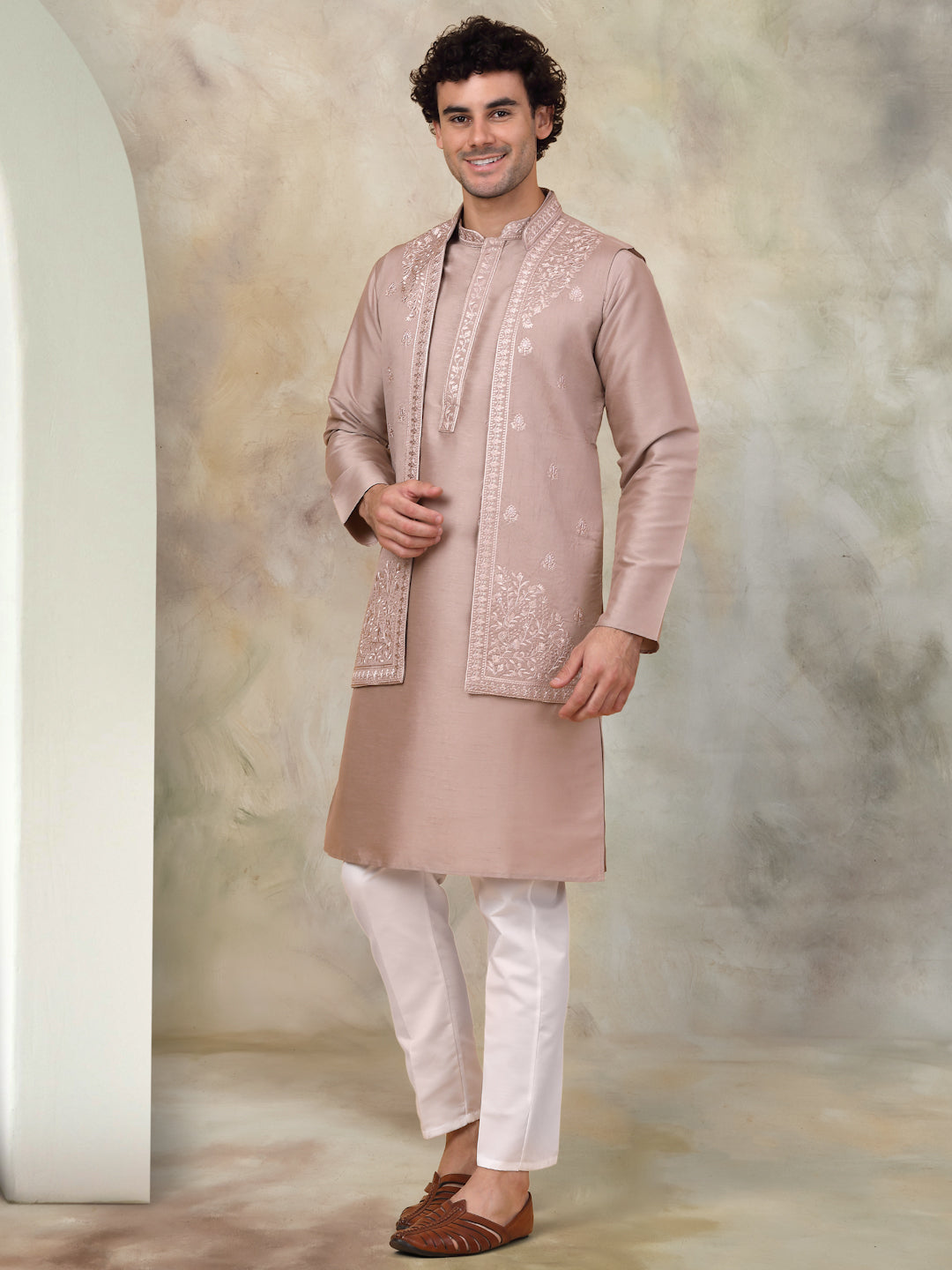 Bronze Embroidered Mens Kurta Pajama Set - Silk Blend