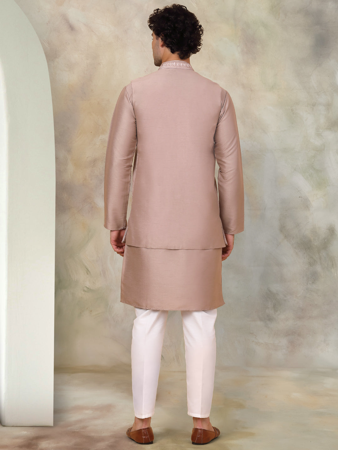 Bronze Embroidered Mens Kurta Pajama Set - Silk Blend
