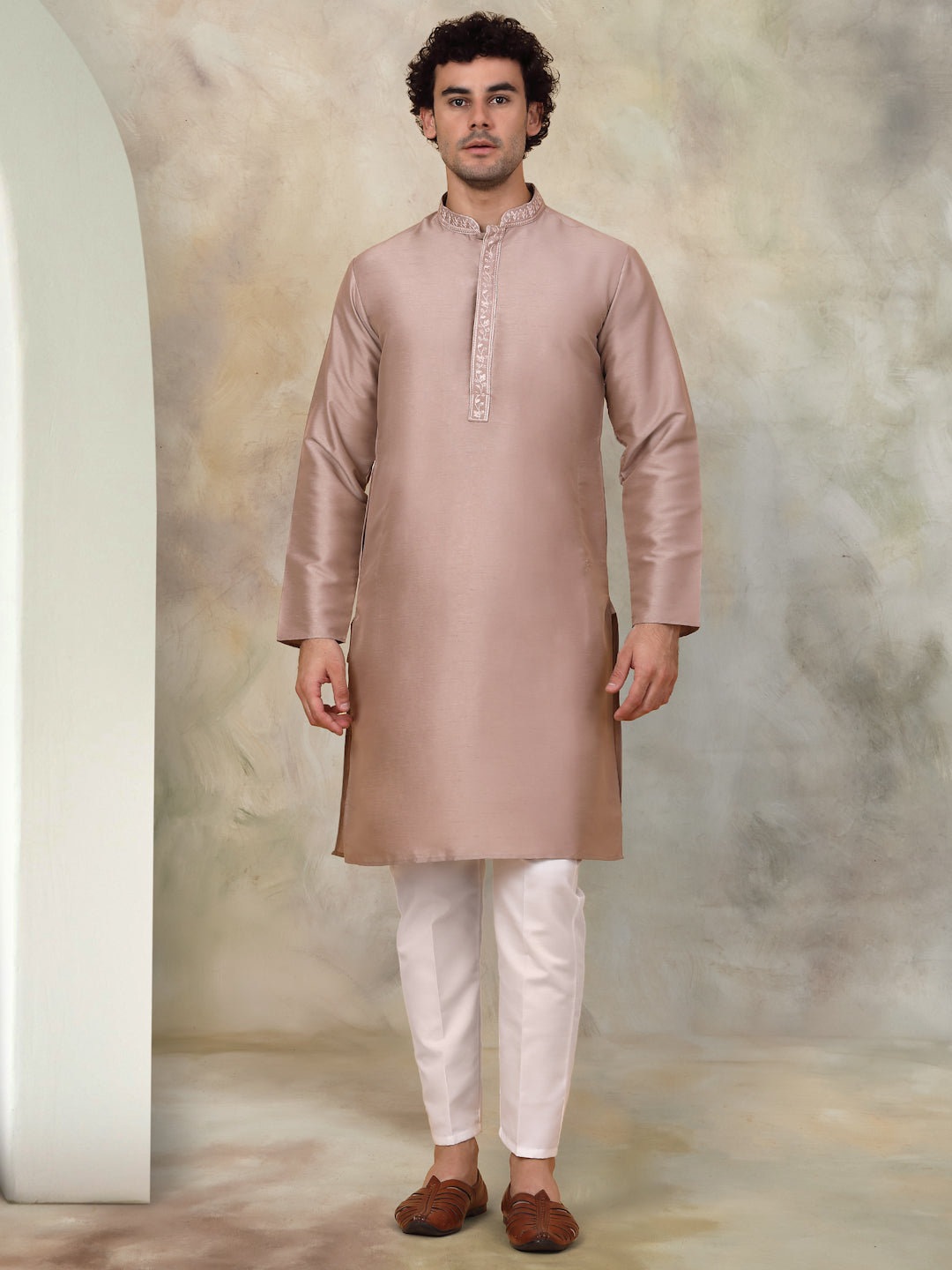 Bronze Embroidered Mens Kurta Pajama Set - Silk Blend