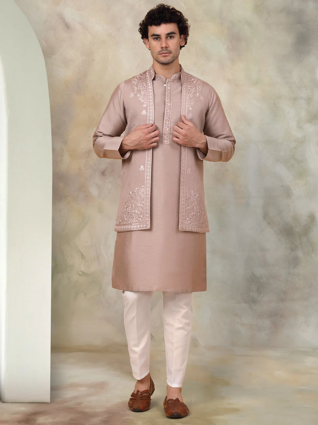 Bronze Embroidered Mens Kurta Pajama Set - Silk Blend
