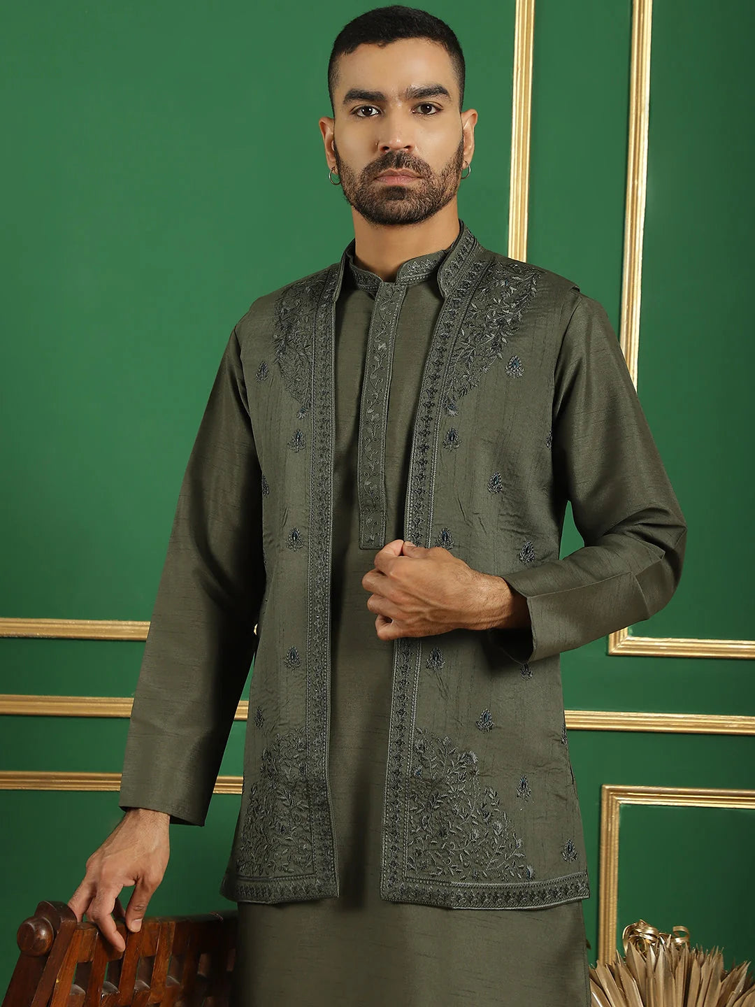 Men's Embroidered Waistcoat and Kurta Pyjama-JOKPWCS-5062Grey