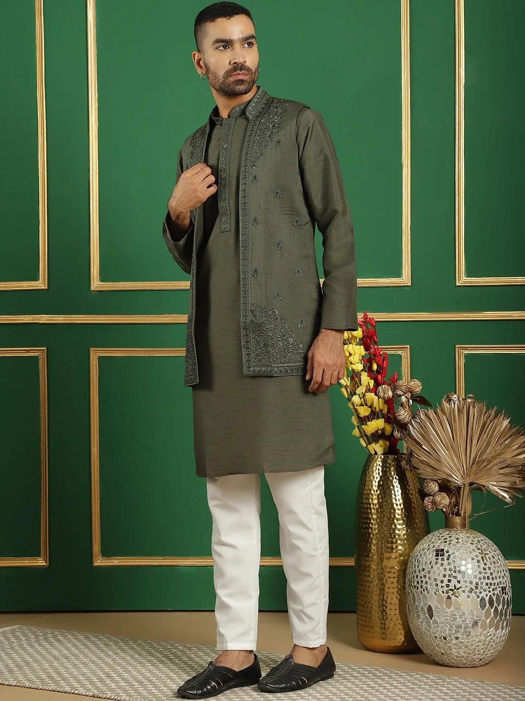 Grey Embroidered Waistcoat Mens Kurta Pajama Set | Occasion Wear