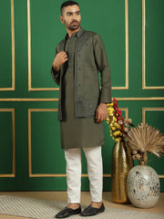 Men's Embroidered Waistcoat and Kurta Pyjama-JOKPWCS-5062Grey
