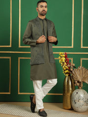 Men's Embroidered Waistcoat and Kurta Pyjama-JOKPWCS-5062Grey