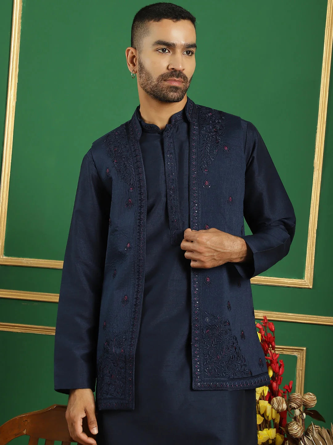 Navy Embroidered Waistcoat Mens Kurta Pajama Set | Silk Blend