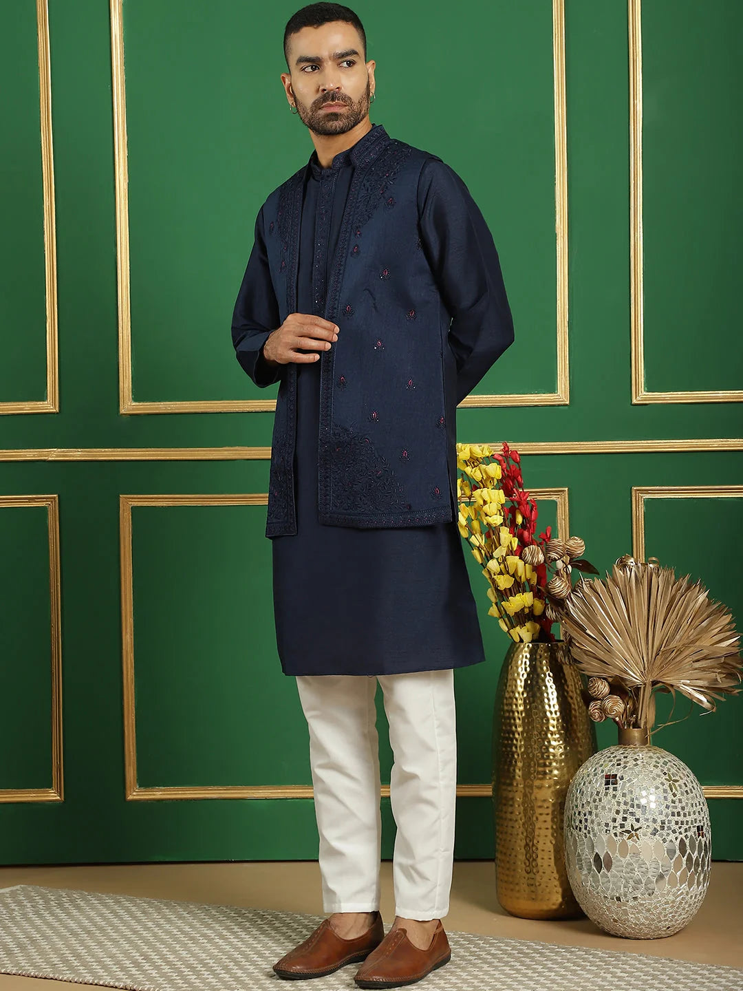 Navy Embroidered Waistcoat Mens Kurta Pajama Set | Silk Blend