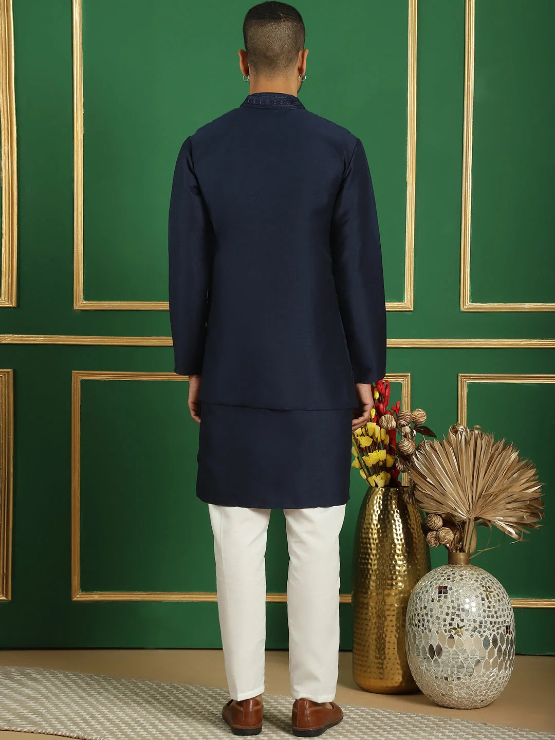 Navy Embroidered Waistcoat Mens Kurta Pajama Set | Silk Blend
