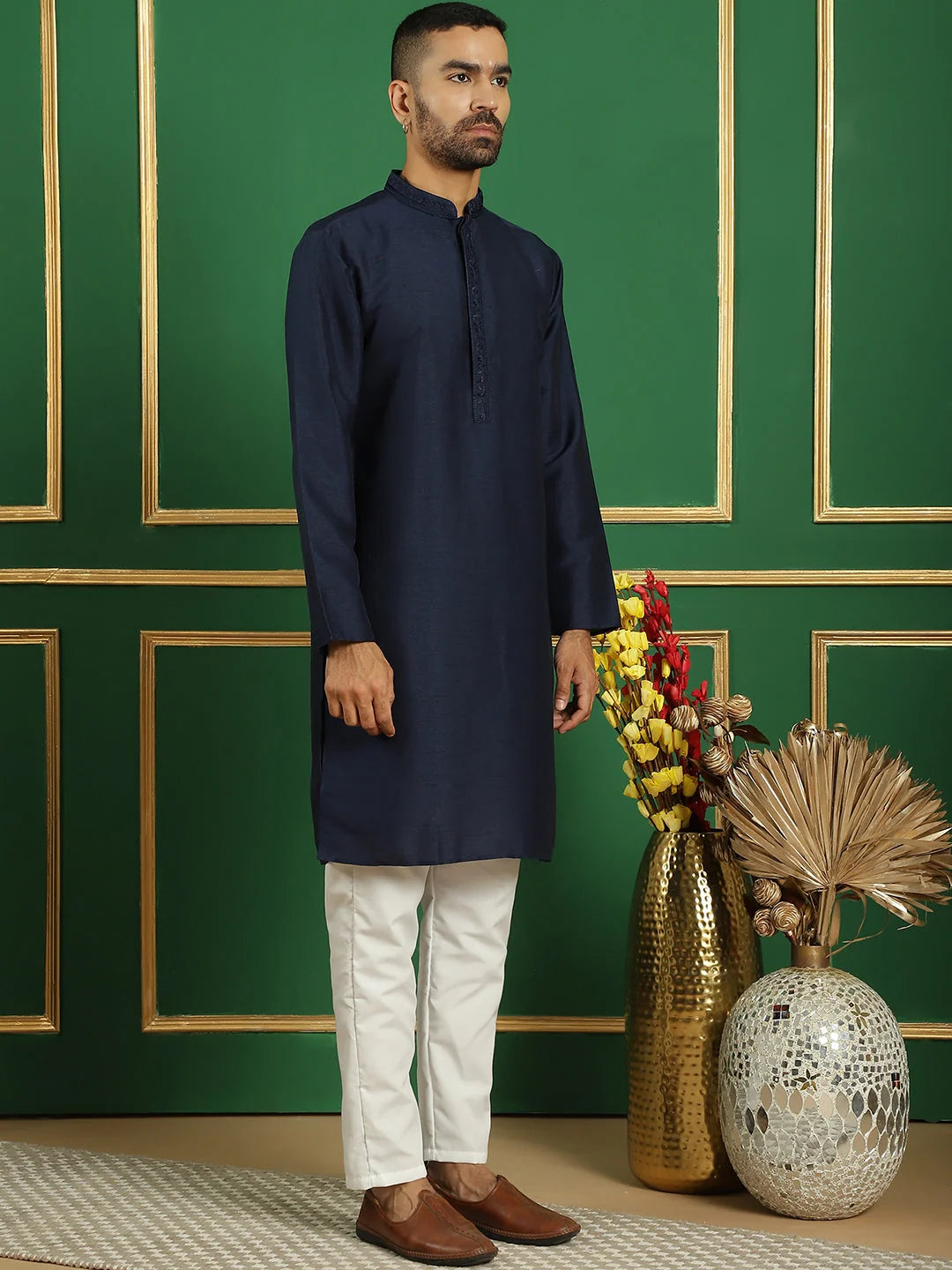 Navy Embroidered Waistcoat Mens Kurta Pajama Set | Silk Blend