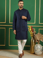 Men's Embroidered Waistcoat and Kurta Pyjama-JOKPWCS-5062Navy