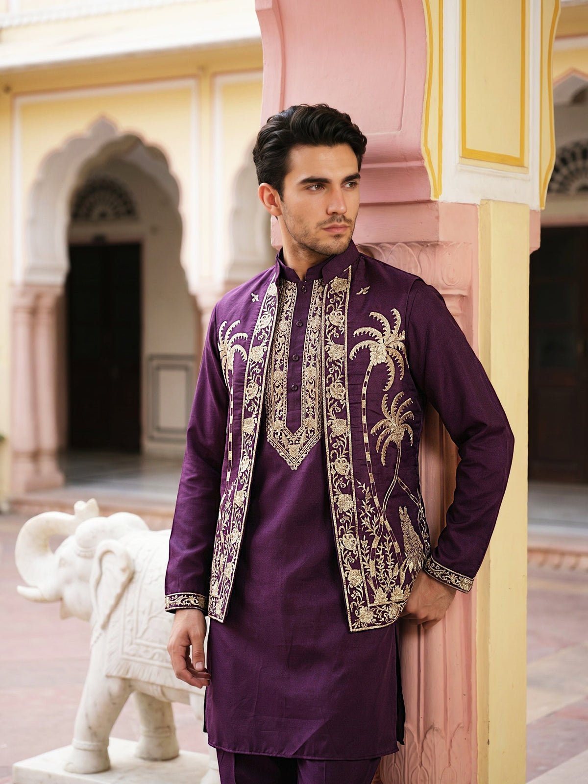 Men's Embroidered Waistcoat and Kurta Pyjama. ( JOKPWCS 5080Purple )