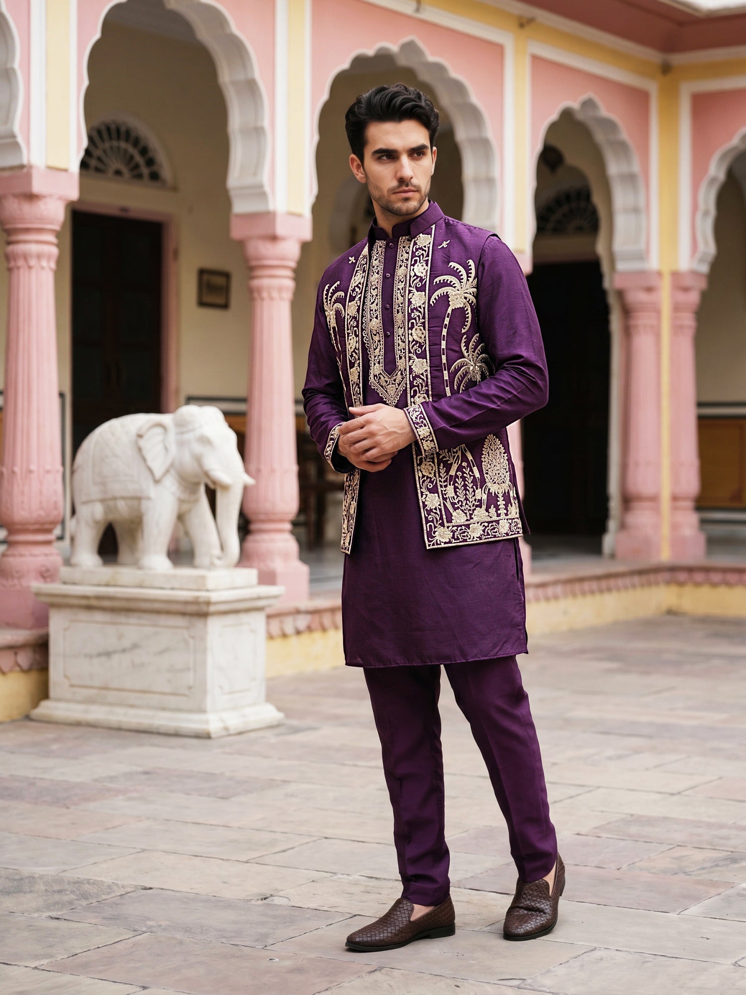 DesiQlo Men Embroidered Nehru Jacket and Kurta Pyjama S - JOKPWCS_5080
