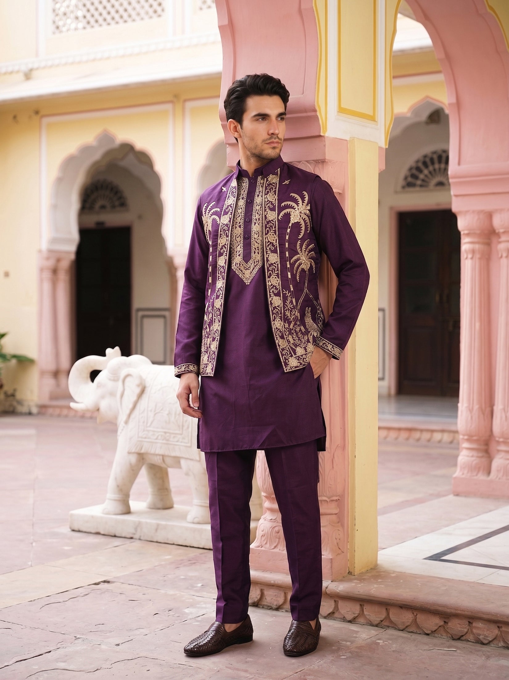 DesiQlo Men Embroidered Nehru Jacket and Kurta Pyjama S - JOKPWCS_5080