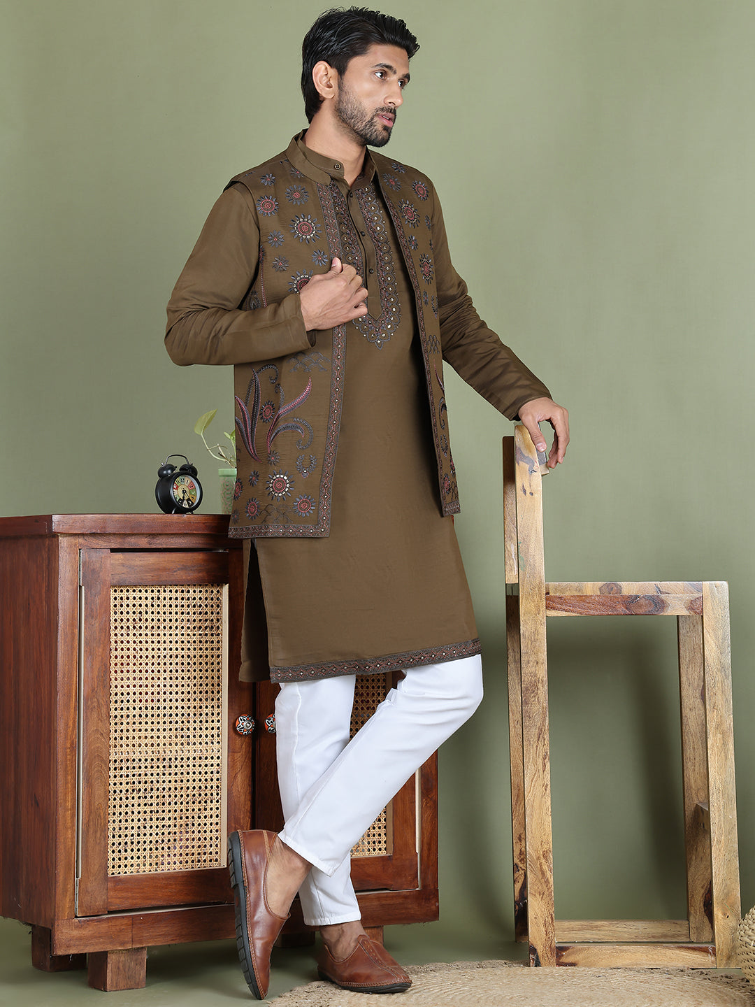 Embroidered Waistcoat & Solid Kurta Pyjama For Men ( JOKPWCS 5105Olive ) [FF] [C-1-2]