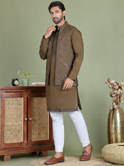 Embroidered Waistcoat & Solid Kurta Pyjama For Men ( JOKPWCS 5105Olive ) [FF] [C-1-2]