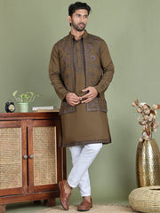 Embroidered Waistcoat & Solid Kurta Pyjama For Men ( JOKPWCS 5105Olive ) [FF] [C-1-2]