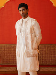 Embroidered Waistcoat & Solid Kurta Pyjama For Men ( JOKPWCS 5106Off-White ) [FF] [F-4-5]