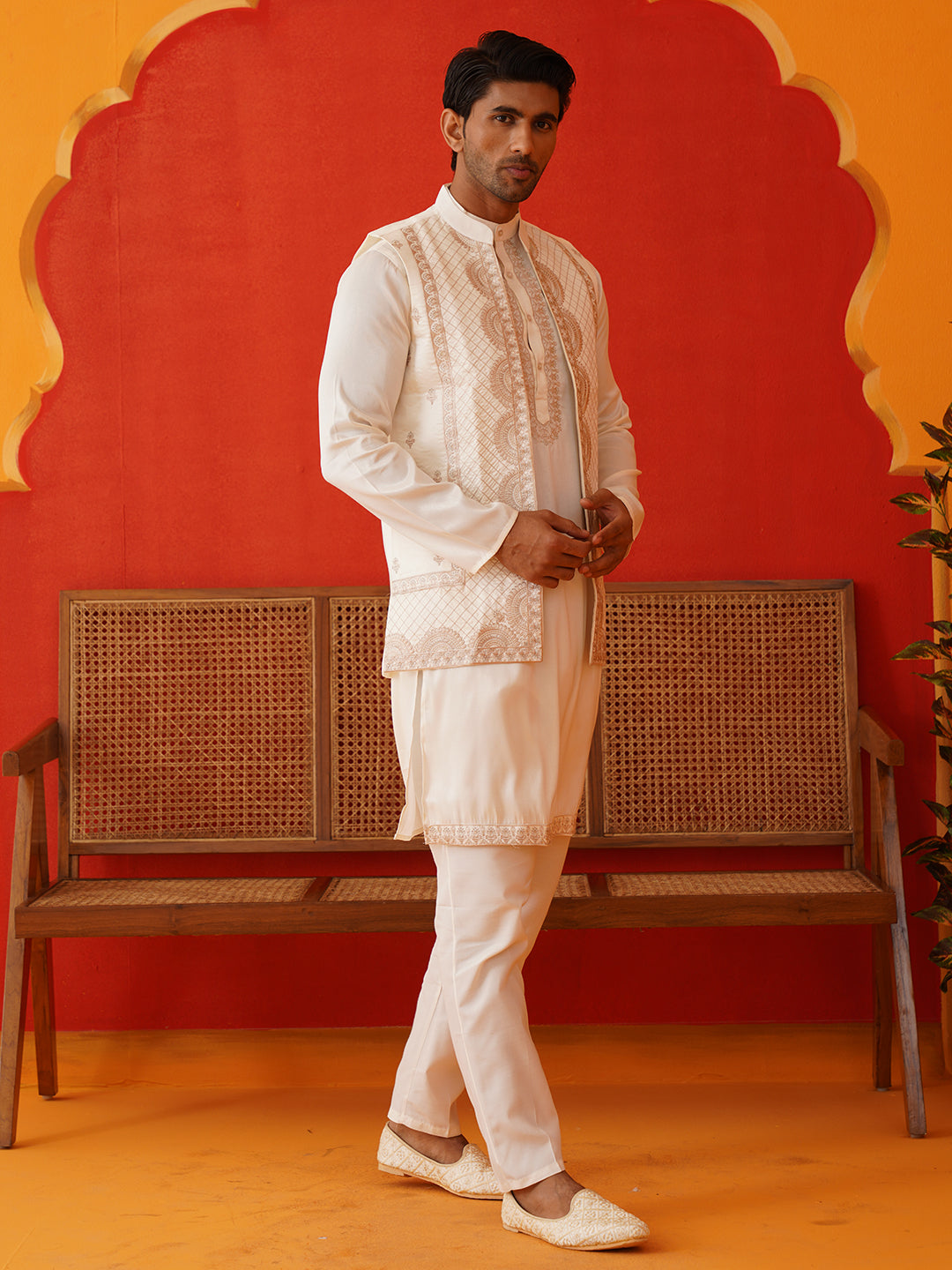 DesiQlo Men Embroidered Nehru Jacket and Kurta Pyjama S - JO whit 2