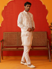 Embroidered Waistcoat & Solid Kurta Pyjama For Men ( JOKPWCS 5106Off-White ) [FF] [F-4-5]