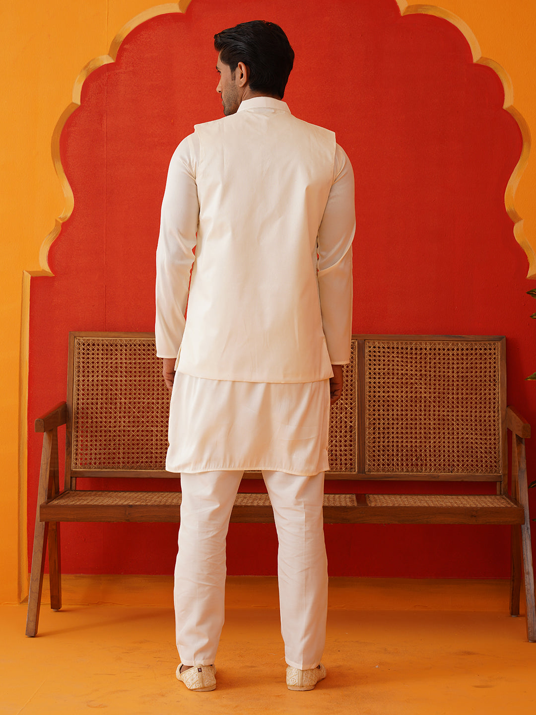 DesiQlo Men Embroidered Nehru Jacket and Kurta Pyjama S - JO whit 2
