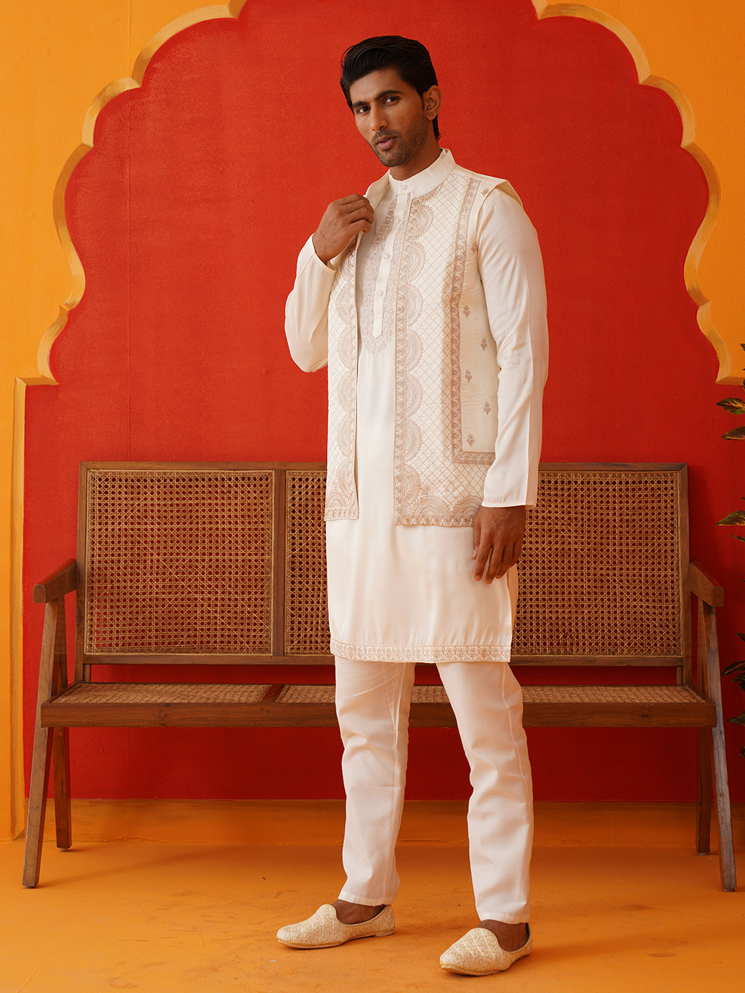 DesiQlo Men Embroidered Nehru Jacket and Kurta Pyjama S - JO whit 2
